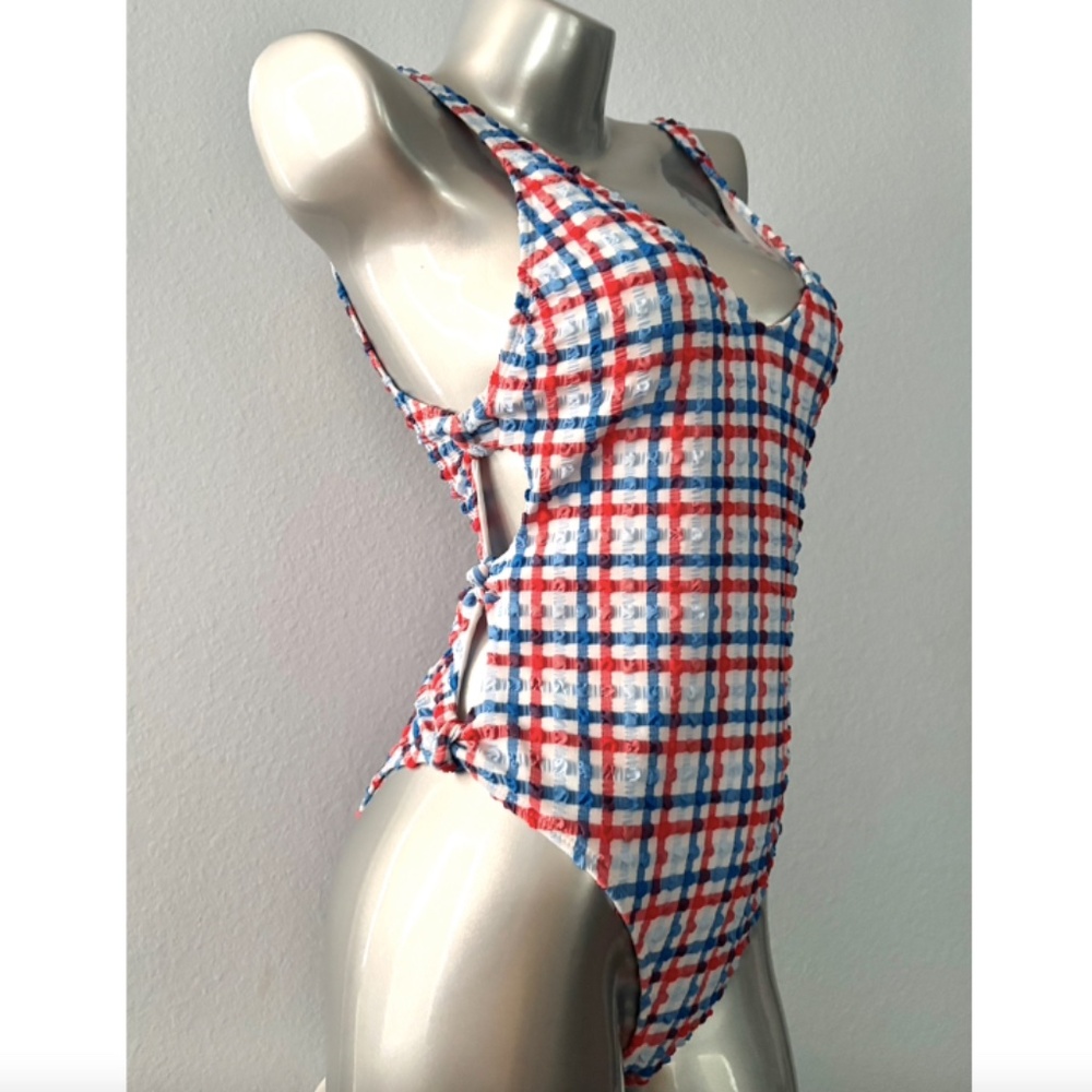 GB Gianni Bini Plaid Textured Cut Out Sides Red Blue White One Piece Swim Suit